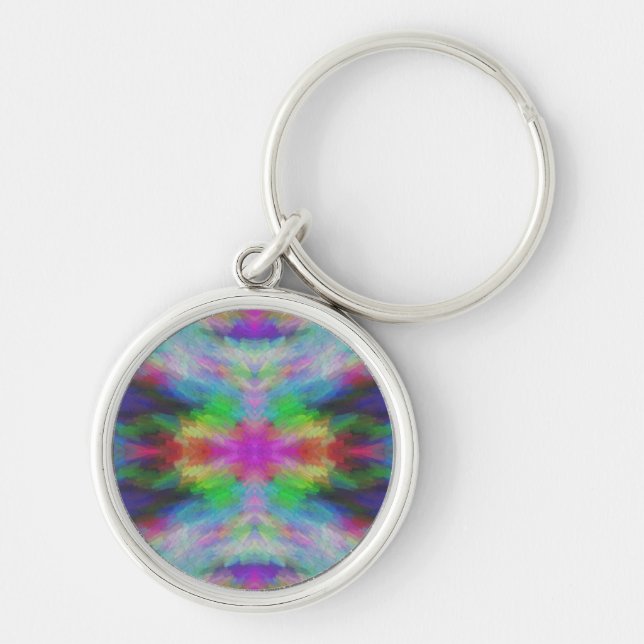 Färgrik Tie Dye stilkonst Rund Silverfärgad Nyckelring (Framsidan)