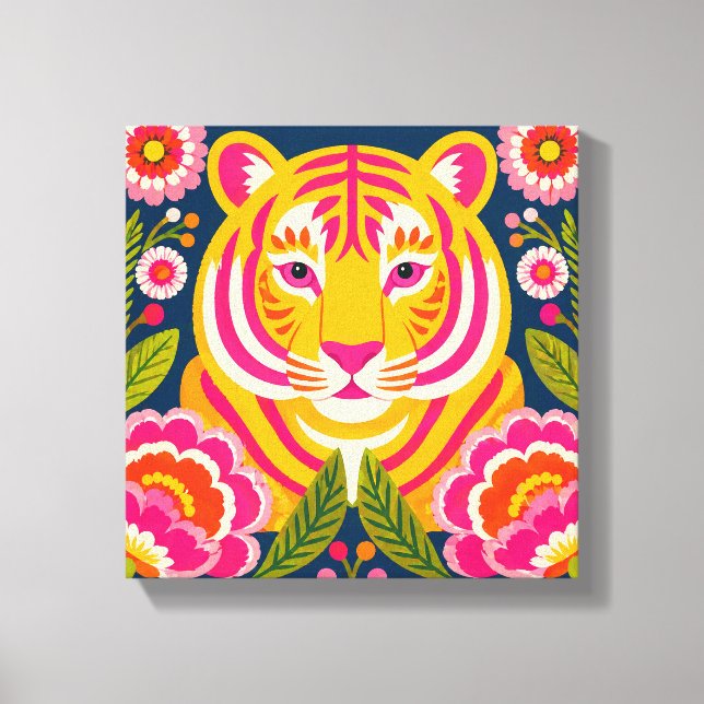 Färgrik Tiger Väggkonst Canvastryck Blommig Djur (Framsida)