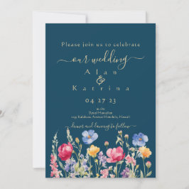 Färgrik trädgård Boho vilda blommor på blå Inbjudningar