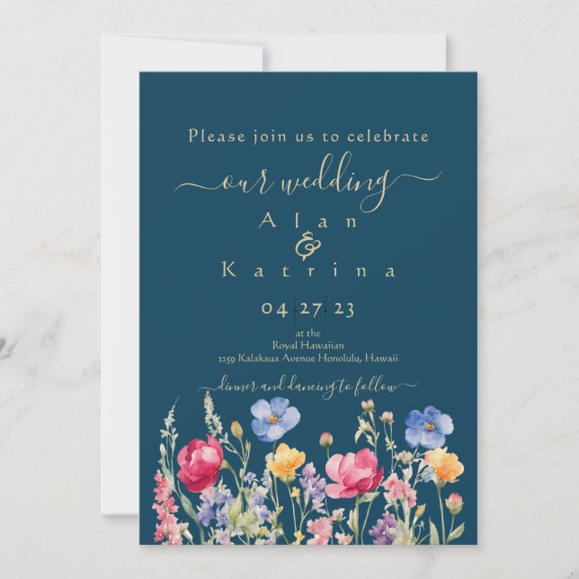 Färgrik trädgård Boho vilda blommor på blå Inbjudningar (Framsida)