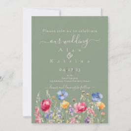 Färgrik trädgård Boho vilda blommor på grönt Inbjudningar