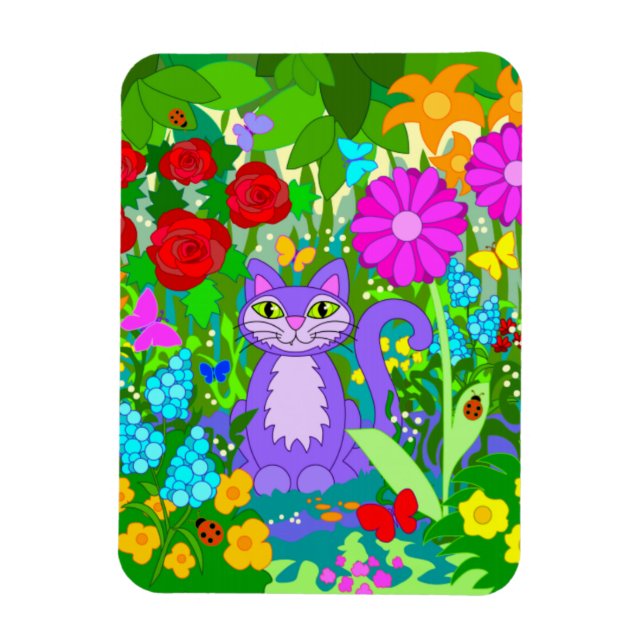 Färgrik Trädgård Katt Konst Fantasy Blommor Nyckel Magnet (Vertikal)