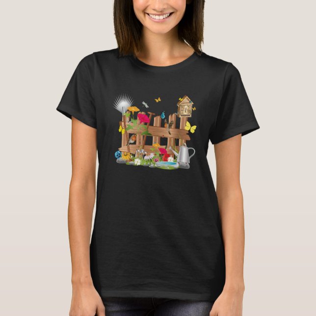 Färgrik trädgårdsvärld bakom trädgårdsstaket t shirt (Framsida)