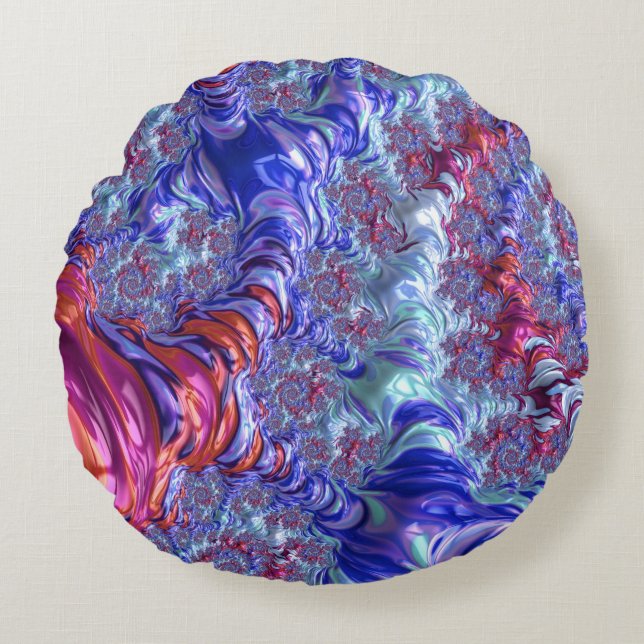 Färgrik Trippig Groovy Digital Abstrakt Fraktal Rund Kudde (Framsidan)