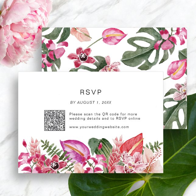 Färgrik Tropisk Blomma OSA Kort (Colorful Tropical Floral RSVP Card QR Code by Painted Paperie
)