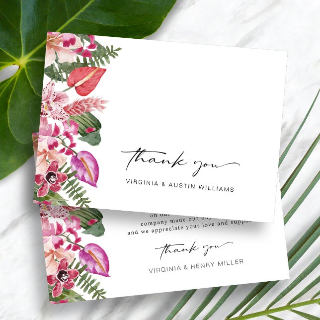 Färgrik Tropisk Blomma Tack Kort (Colorful Watercolor Tropical Floral Wedding Thank You Card by Painted Paperie
)