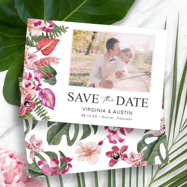 Färgrik Tropisk Blommotiv Fotografi Spara Datumet (Colorful Tropical Watercolor Floral Photo Save The Date Card by Painted Paperie
)