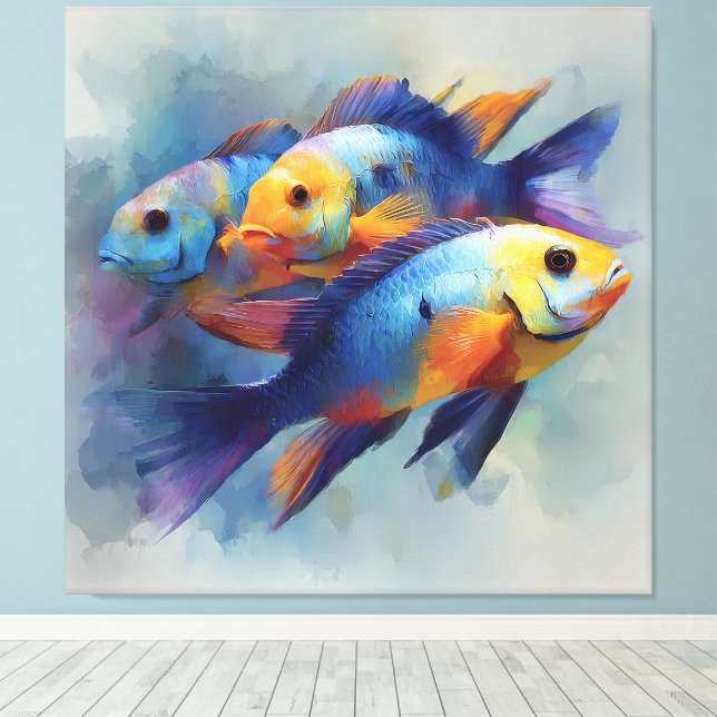 Färgrik Tropisk Fisk Triptyk Canvas Väggkonst (Insitu (trägolv))