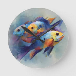 Färgrik Tropisk Fisk Triptyk Canvas Väggkonst Rund Klocka