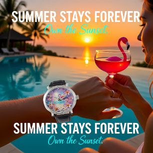 Färgrik Tropisk Flamingo Solnedgång Strand Armbandsur