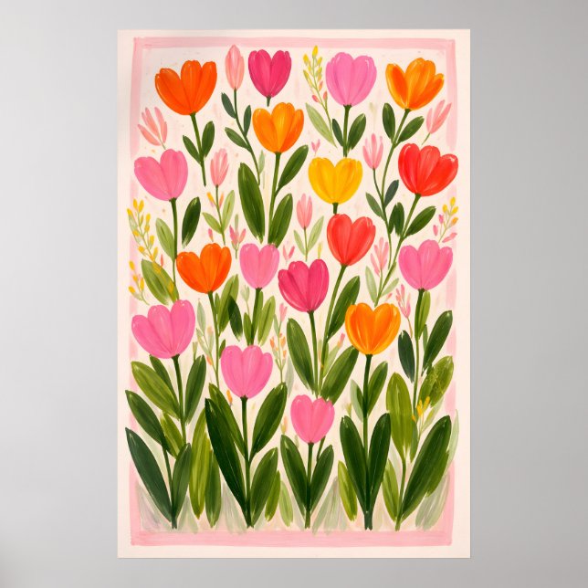 Färgrik Tulpan Blomma Affisch, Vibrerande Botanisk Poster (Framsidan)