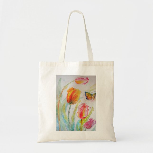 Färgrik Tulpan och Fjäril Vattenfärg blommig Tygkasse (Framsidan)