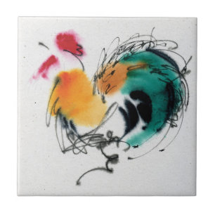 Färgrik tupp. Calligraphy och watercolor. Kakelplatta