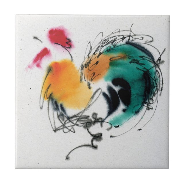 Färgrik tupp. Calligraphy och watercolor. Kakelplatta (Framsidan)