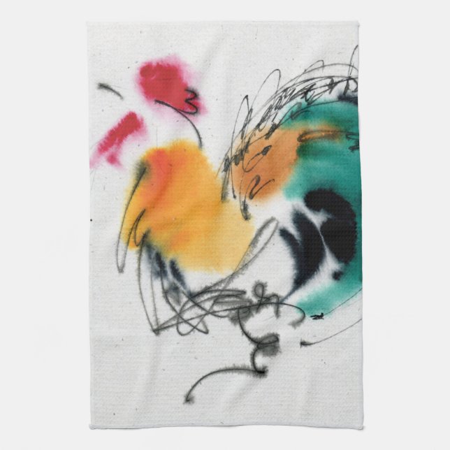 Färgrik tupp. Calligraphy och watercolor. Kökshandduk (Vertikal)