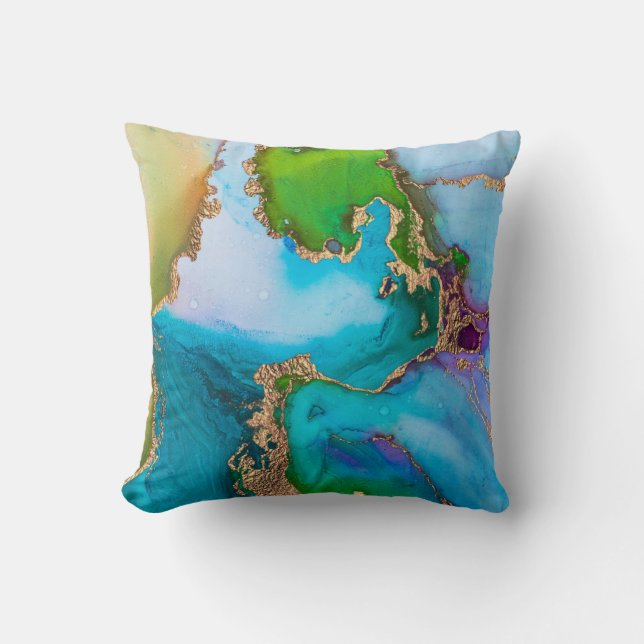 Färgrik turkos grön guld folie vattenfärg kudde (Framsida)