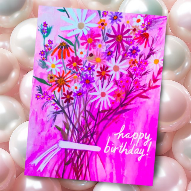 Färgrik tusenskönasbukett Glad födelsedag Lila Vykort (Colorful pink purple watercolor hand painted daisy wildflower bouquet custom birthday postcard)