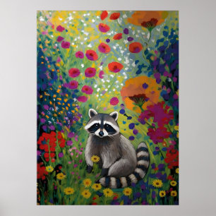 Färgrik tvättbjörn i vildblomsterträdgård konst dj poster