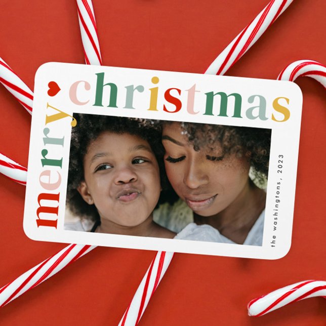 Färgrik typografi Modern God Jul Foto Magnet (Modern colorful merry christmas photo holiday card magnet.)