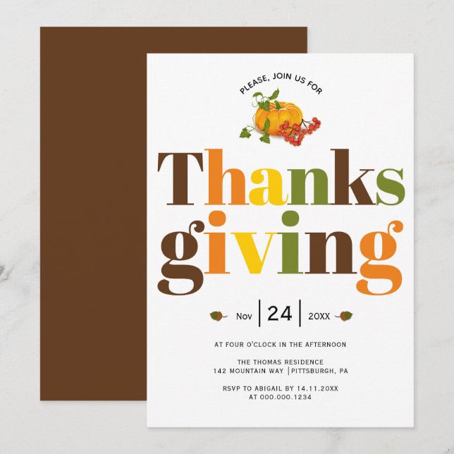 Färgrik typografi pumkin Thanksgiving-inbjudan Inbjudningar (Fram/baksida)