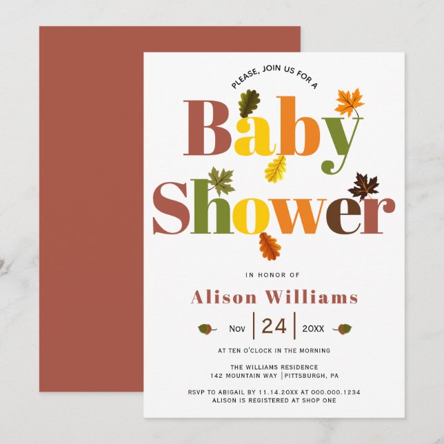 Färgrik typografi terrakotta höst baby shower inbjudningar (Fram/baksida)