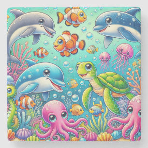Färgrik Undervattensvärld 🌊🐠 Lekfull Ocean Stenunderlägg