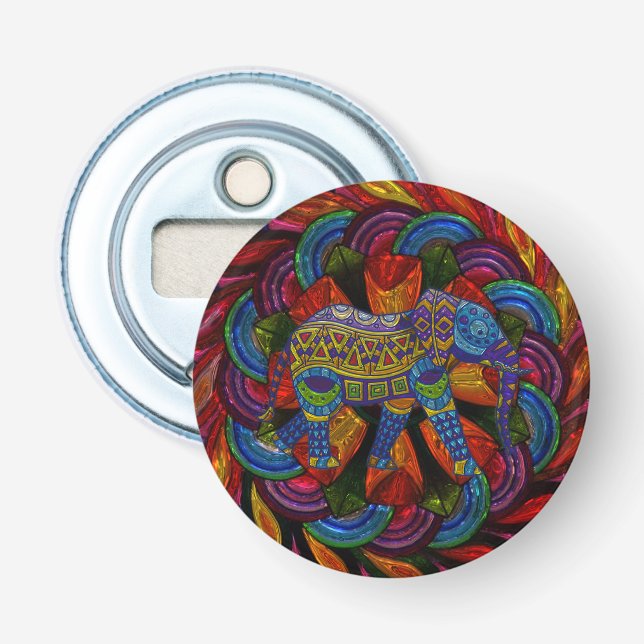 Färgrik utsmyckad elefant och mandala flasköppnare (Framsidan)
