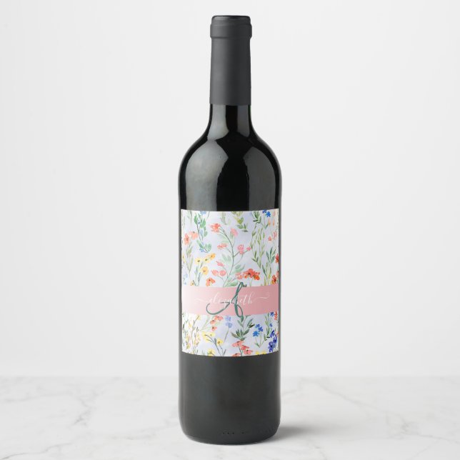 Färgrik vår ängsblomma äng Monogram Vinflaska Etikett (Framsida)
