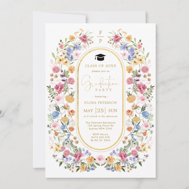 Färgrik vår blomsterträdgård examen inbjudningar (Framsida)