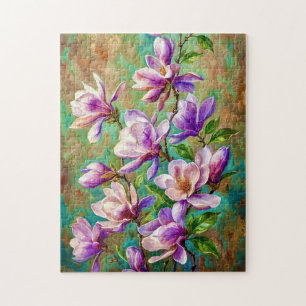 Färgrik Vår Magnolia I En Texturerad Olje Impasto Pussel