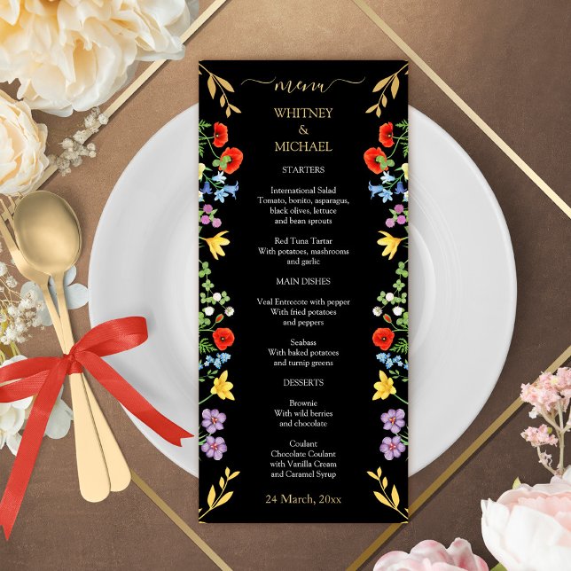 Färgrik vår- vildblomma rustik blomsterbröllop  meny (Colorful Spring Wildflower Rustic Floral Wedding Menu)