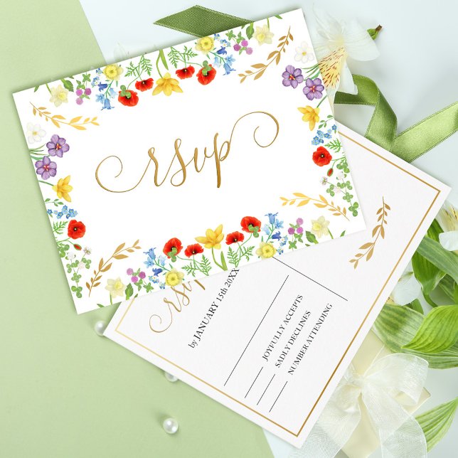 Färgrik vår vildblomma vit bröllops-svar vykort (Colorful Spring Wildflower White Wedding RSVP Postcard)