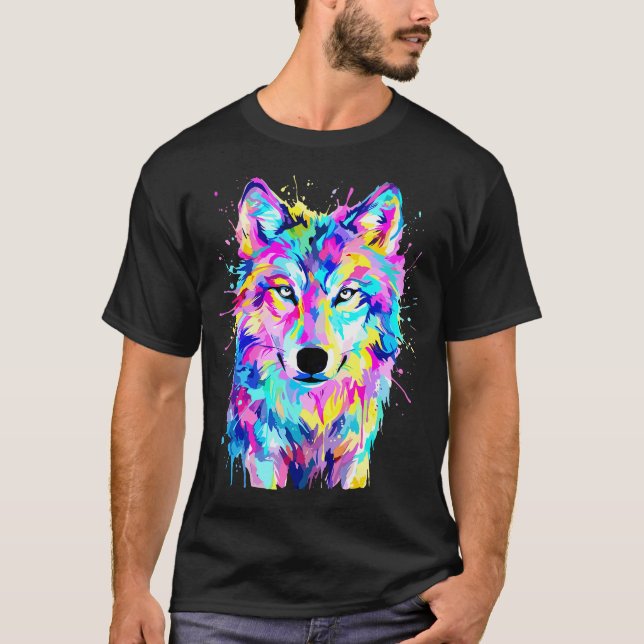 Färgrik Varg Splash Art Vilda Djur T Shirt (Framsida)