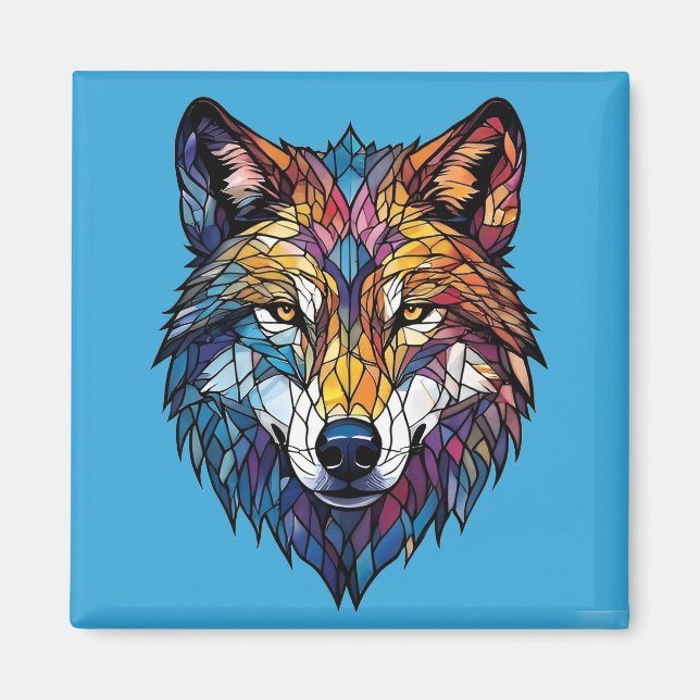 Färgrik vargsilhuett i mosaikfärgat glas magnet (Framsidan)