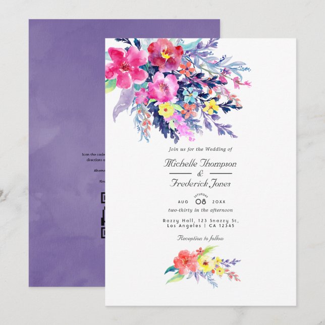 Färgrik Vattenfärg Blommig QR-kod RSVP Bröllop Inbjudningar (Fram/baksida)