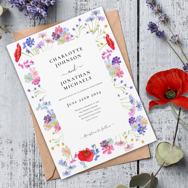 Färgrik Vattenfärg för Vildblomma Bröllop Inbjudningar (Modern colorful wildflower floral wedding invitation with red poppy blue cornflower pink peach)