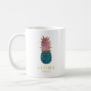 Färgrik vattenfärgananas och guld Aloha Kaffemugg