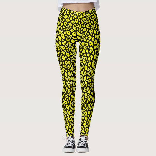 Färgrik Vild Gul Svart Leopard Tryckmönster Leggings (Framsida)