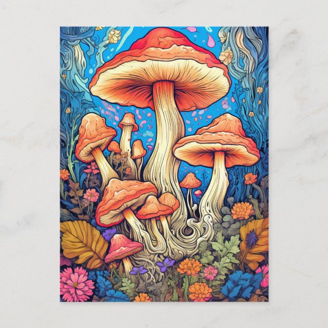 Färgrik vild psykedelisk svampillustration vykort (Framsida)