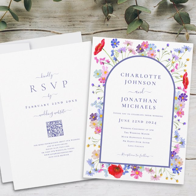 Färgrik Vilda Blommor Båge Webbplats QR-kod Inbjudningar (Colorful wildflower watercolor arch purple typography script wedding invitation with website qr code)