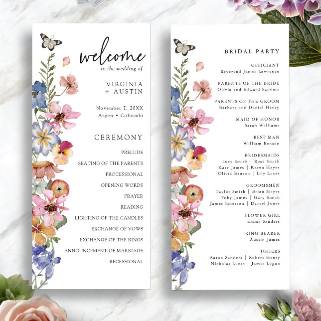 Färgrik vildblommig bröllopsfest program (Colorful Wildflower Wedding Program with Butterfly by Painted Paperie
)