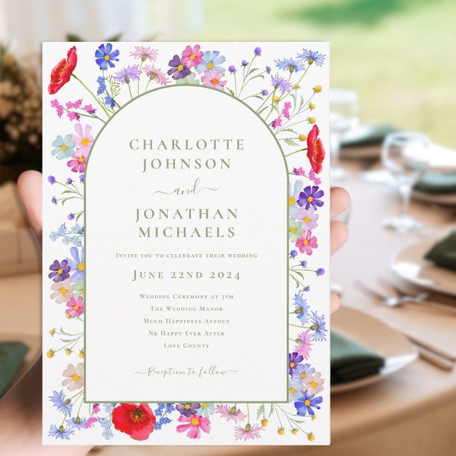 Färgrik Vildblomsvalv Inbjudningar (Colorful wildflower arch with elegant green typography script wedding invitation )