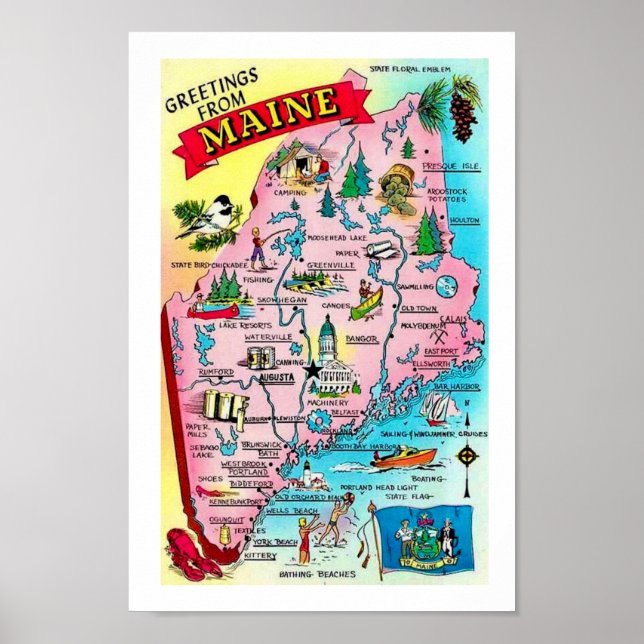 Färgrik Vintage Maine Karttryck Poster (Framsidan)