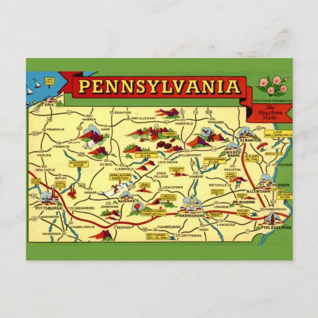 Färgrik Vintage Pennsylvania Karta  Vykort (Framsida)