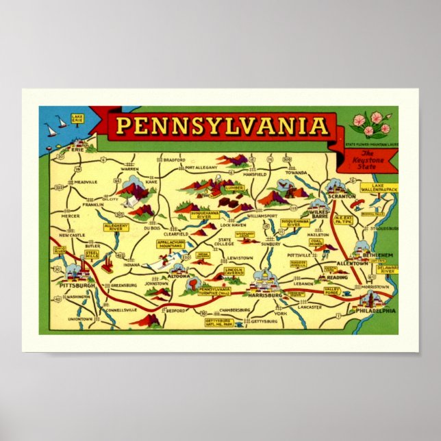 Färgrik Vintage Pennsylvania Karttryck Poster (Framsidan)