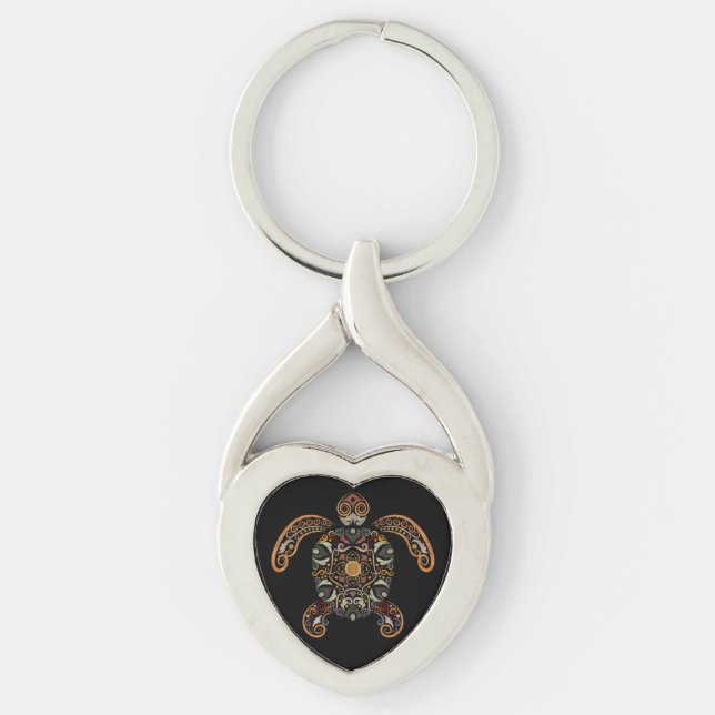 Färgrik vintage sköldpaddsdesign twisted heart silverfärgad nyckelring (Framsidan)