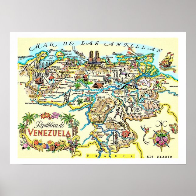 Färgrik Vintage Venezuela Karttryck Poster (Framsidan)