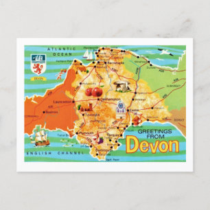 Färgrik Vintagekarta över Devon England Postkort Vykort