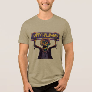 Färgrik Zombie som håller Happy Halloween-banner - T Shirt