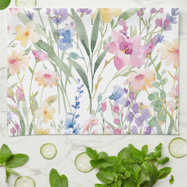 Färgrika akvarellblommor kökshandduk (Vikta)